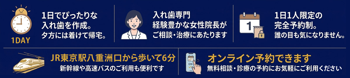 アート歯科4つの魅力 1日でぴったりの入れ歯を作成|入れ歯専門 経験豊かな女性院長が治療|1日1人限定の完全予約|JR東京駅八重洲口から歩ける距離